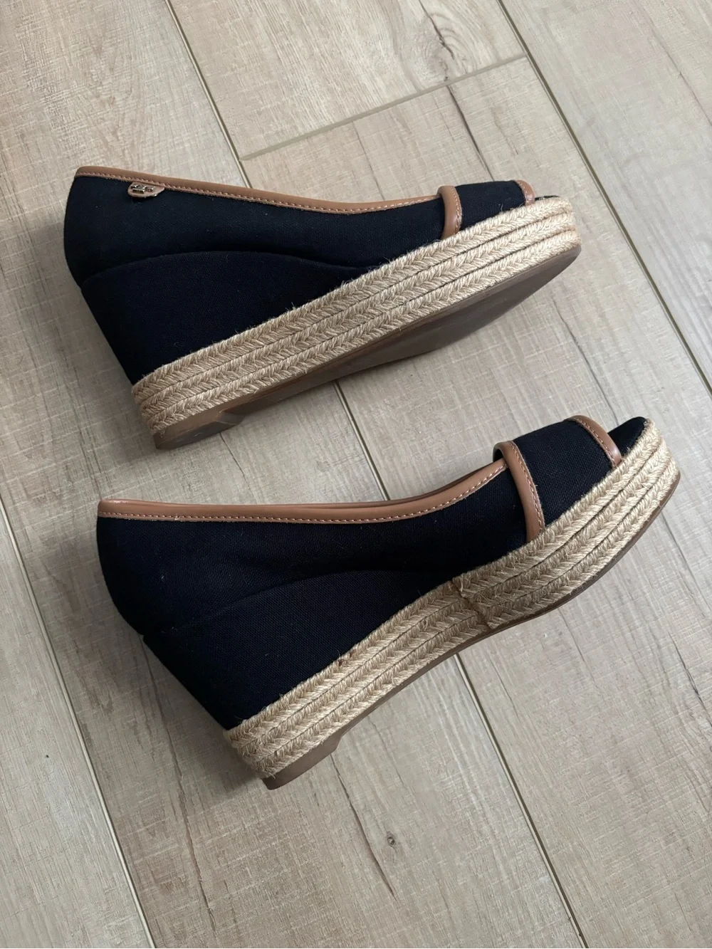 Tory Burch Majorca Black Canvas and Brown Leather Peep Toe Wedge Espadrille